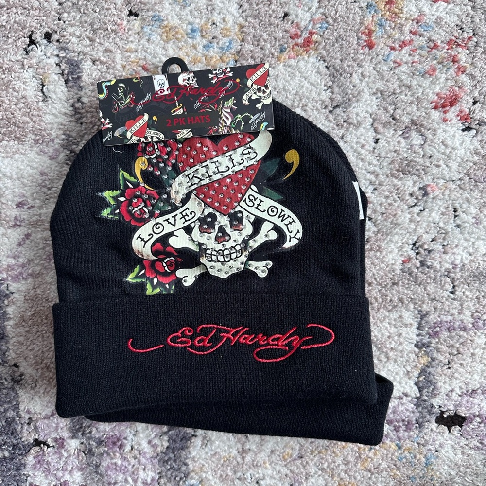 Ed Hardy Black Beanie with Skull and Roses